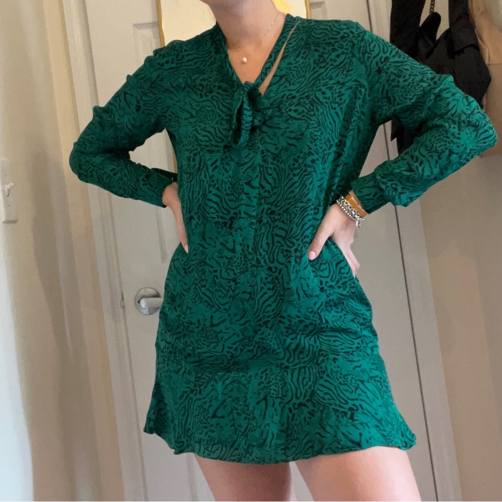 Parker Dress with Tie in Green with Black Pattern